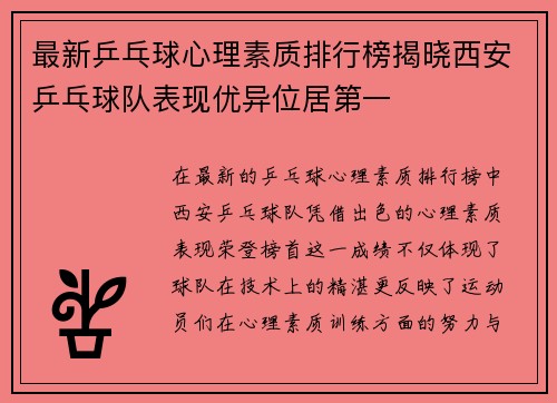 最新乒乓球心理素质排行榜揭晓西安乒乓球队表现优异位居第一