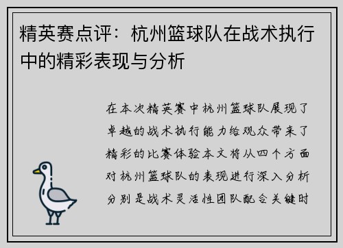 精英赛点评：杭州篮球队在战术执行中的精彩表现与分析
